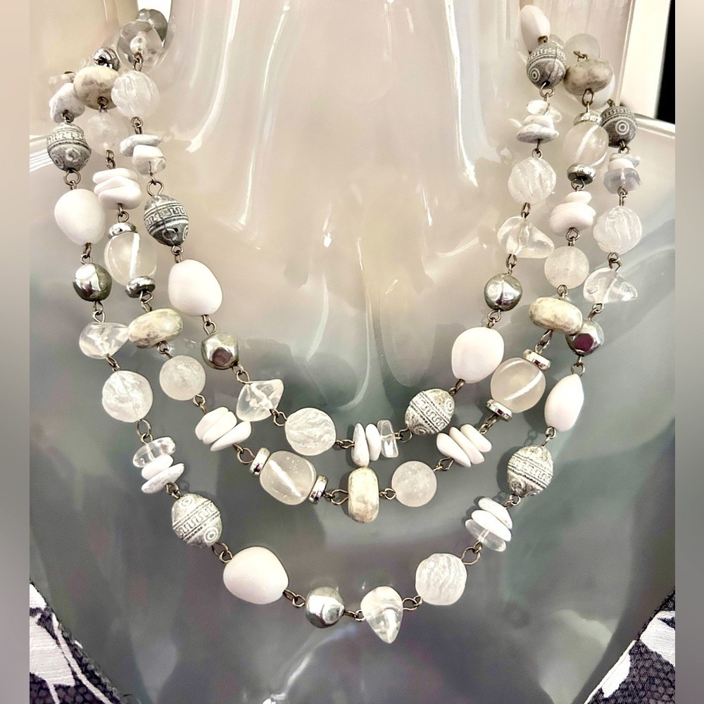 Vintage 3 Strand Beaded Necklace White Gray Silver​​​​ Beads New​​​